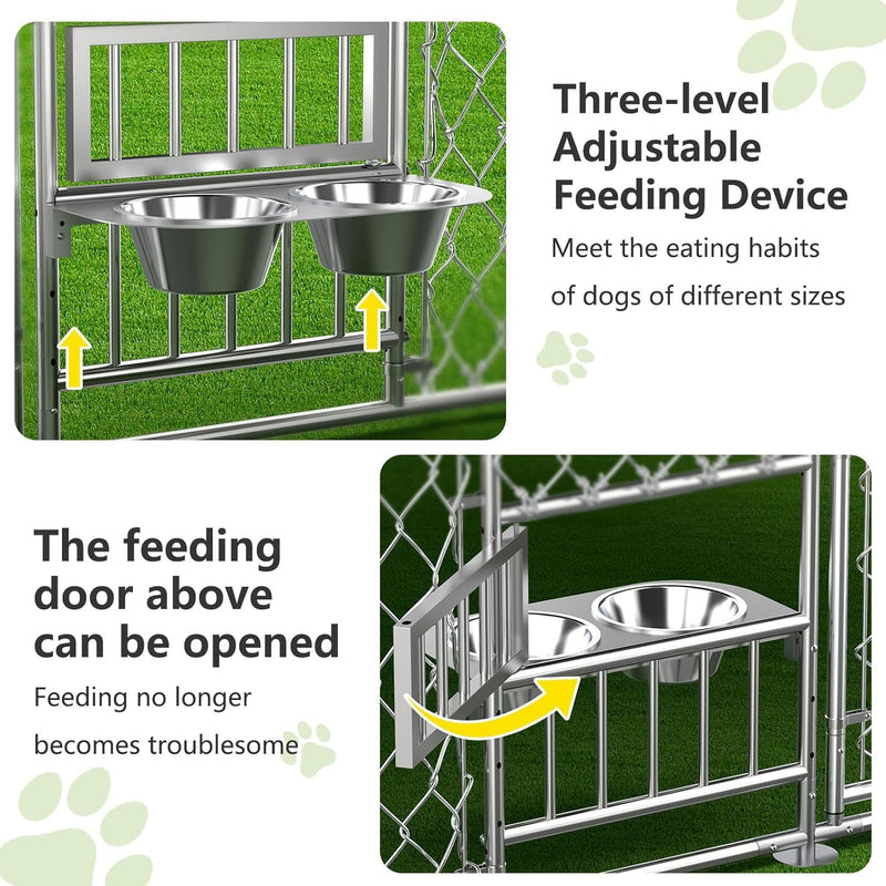 Outdoor Dog Kennel with Roof Feeding Doors and Bowl Holder - Large Chain Link Enclosure 96ft x 96ft x 7ft