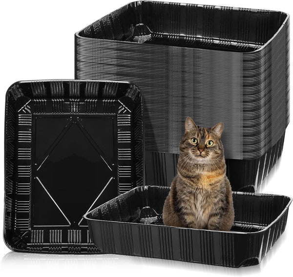 Zubebe 50 Pack Disposable Cat Litter Box for Cats, Large Disposable Kitty Litter Tray Box 19.69 x 15.75 x 3.94 inches Plastic Litter Box Pan for Large Indoor Cat Home Travel Portable (Black)