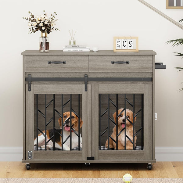 YITAHOME Double Dog Crate Furniture with Divider Drawers  Kennel Table Grey - Fits 2 SmallMedium Dogs