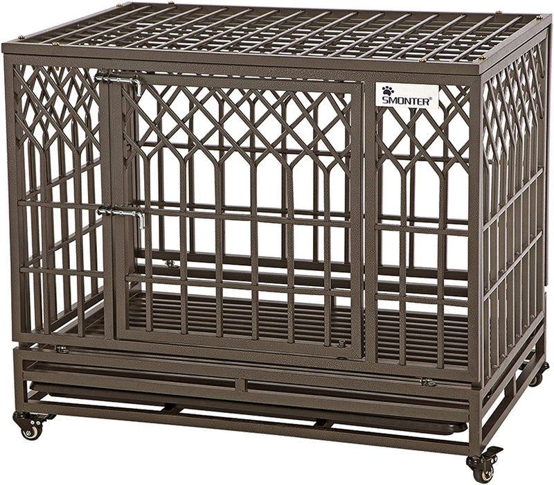 SMONTER 42 Heavy Duty Dog Crate with Lock and Wheels - Dark Silver