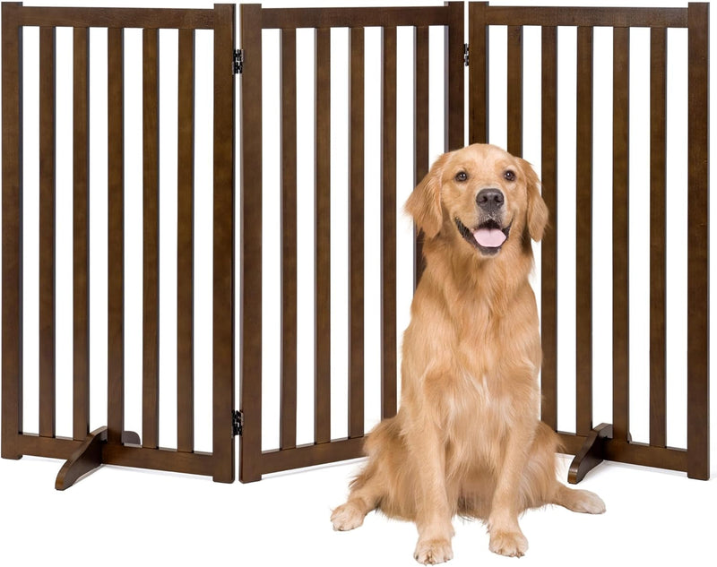 Freestanding Pet Gate - Tall Wood Safety Fence - Support Feet - 3 Panel Design - Walnut