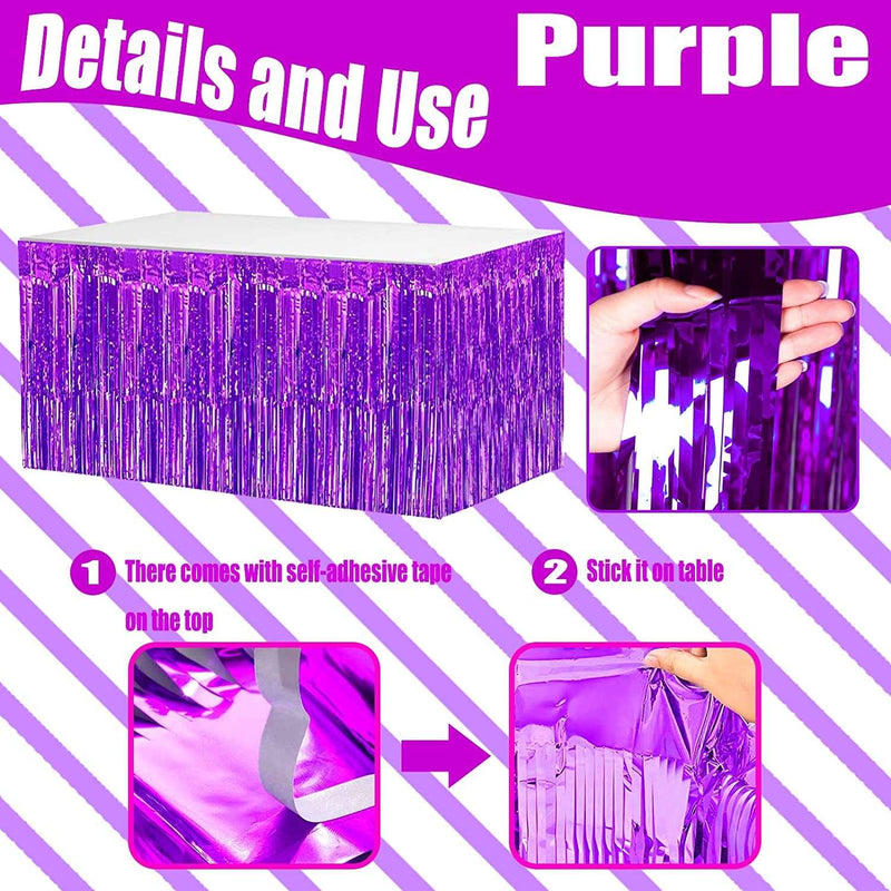 4 Pack 29x108 Inch Metallic Foil Fringe Tinsel Table Skirts for Rectangle Tables Streamer Curtains Backdrop for Wedding, Birthday, Parade Floats, 2022 Halloween Party Decoration(Purple)