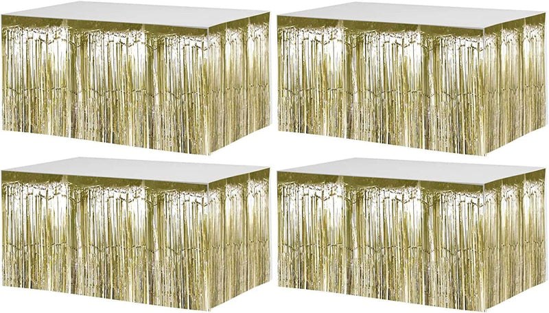 4 Pack 29x108 Inch Metallic Foil Fringe Tinsel Table Skirts for Rectangle Tables Streamer Curtains Backdrop for Wedding, Birthday, Parade Floats, Christmas Decorations Party Supplies(Black) 4 Pack Light Gold