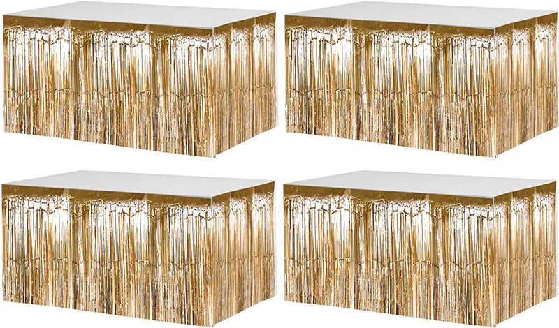 4 Pack 29x108 Inch Metallic Foil Fringe Tinsel Table Skirts for Rectangle Tables Streamer Curtains Backdrop for Wedding, Birthday, Parade Floats, Christmas Decorations Party Supplies(Black) 4 Pack Champagne Gold