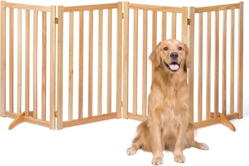 Freestanding Pet Gate - Tall Wood Safety Fence - Support Feet - 3 Panel Design - Walnut