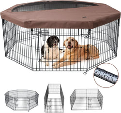 Foldable Dog Exercise Playpen with Top Cover - Silver Metal 8 Panels OutdoorIndoor - 30 Height