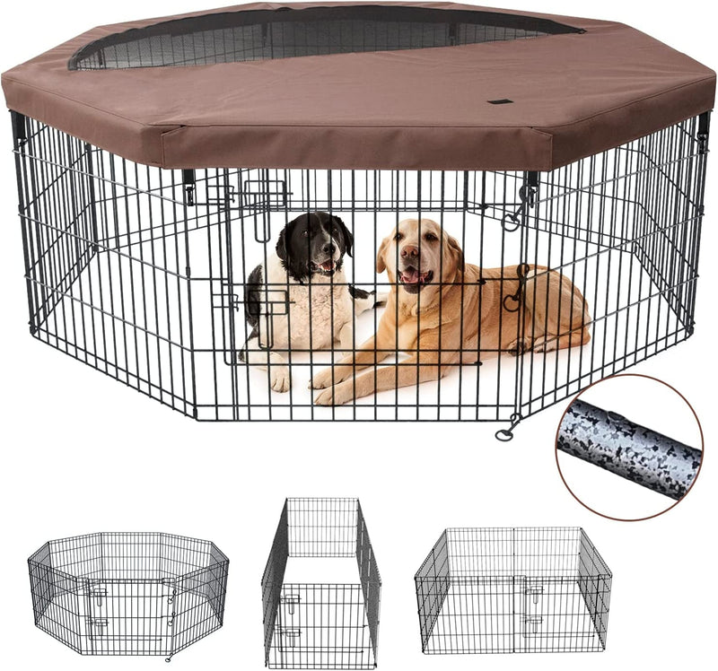 Foldable Dog Exercise Playpen with Top Cover - Silver Metal 8 Panels OutdoorIndoor - 30 Height