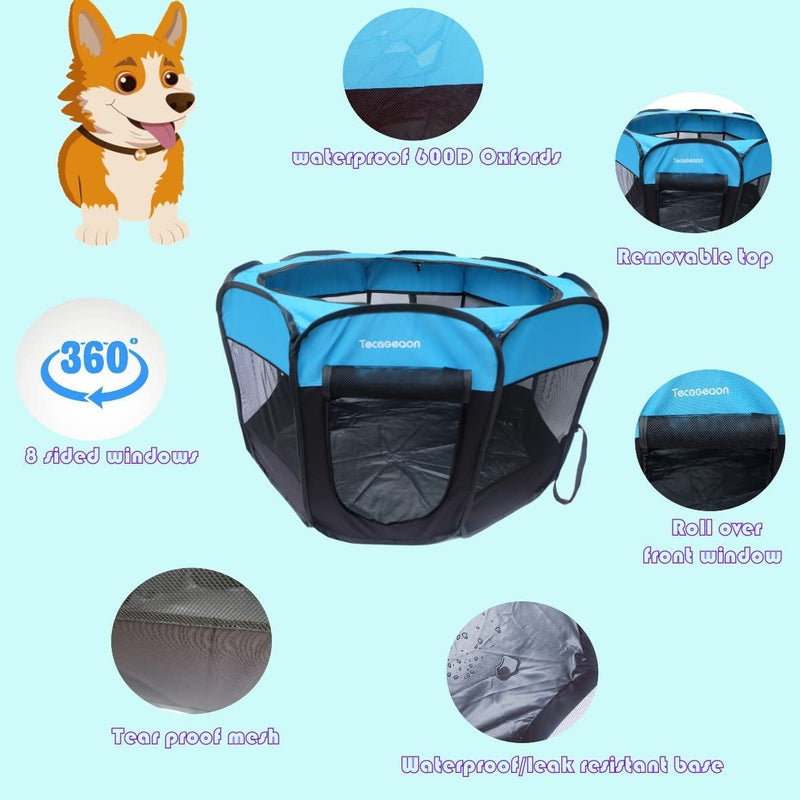 Portable Foldable Pet Playpen Exercise Pen Kennel Tent with Carrying Case - Blue