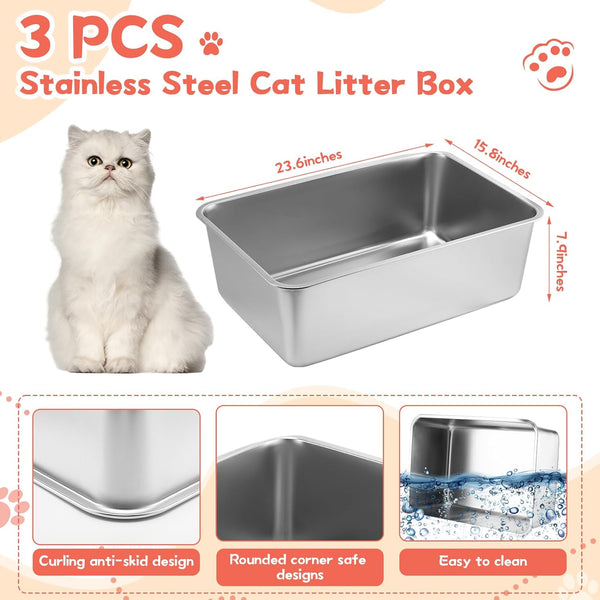 Zubebe 3 Pack Stainless Steel Cat Litter Box with 3 Pcs Cat Litter Scoop Cat Litter Box Metal Litter Scoops Never Absorbs Odor, Rustproof, Non Stick Smooth Surface (23.6 x 15.8 x 7.9 Inches)