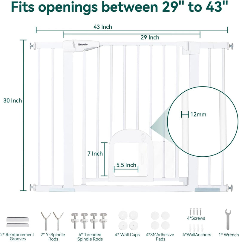 Adjustable Baby Gate with Cat Door and Auto Close - Durable and Safe for Stairs and Doorways