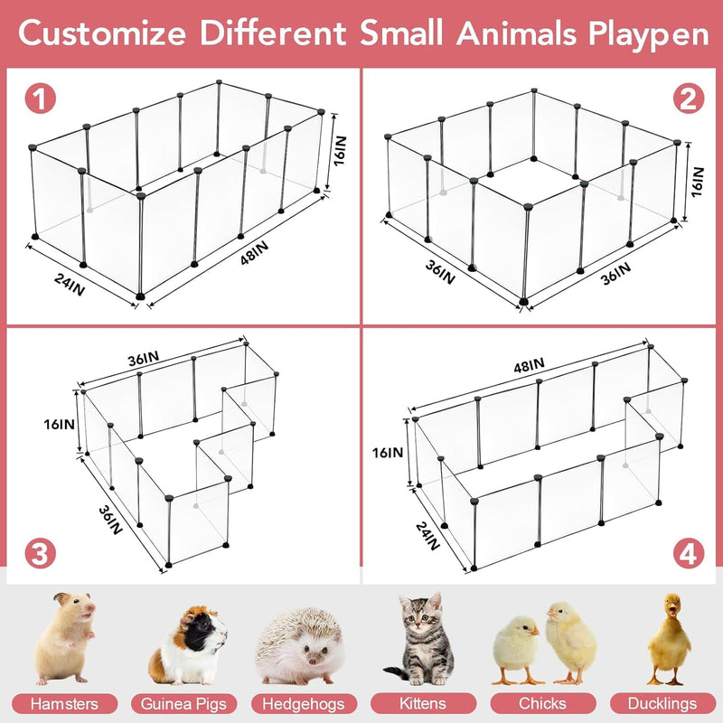 Small Animal Playpen - 12 Panel Transparent Portable Pet Enclosure for Guinea Pigs Bunny Ferrets Hamsters Hedgehogs - 48x24x16 IndoorOutdoor Pet Fence