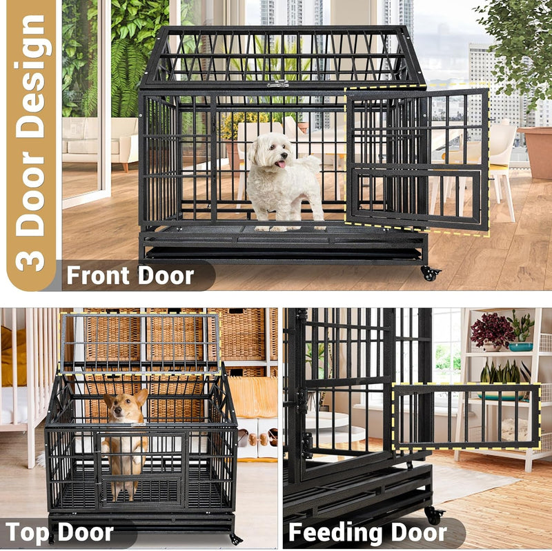 Heavy Duty XXL Dog Crate with Wheels 3 Doors Removable Tray - 42 Inch Spire Roof