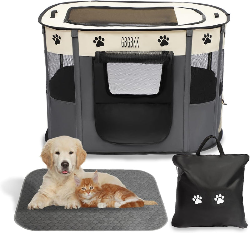 Portable Pet Playpen with Carry Case and Washable Pad IndoorOutdoor Pet Tent Foldable Dog Crate WhiteGrey L