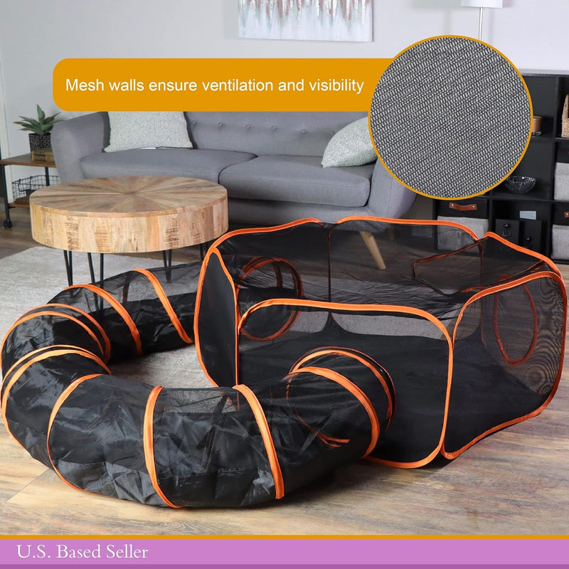 IndoorOutdoor Dog Playpen with Exercise Tunnel and Carrying Case - 4ft Orange Pop-up Playpen for Small Pets