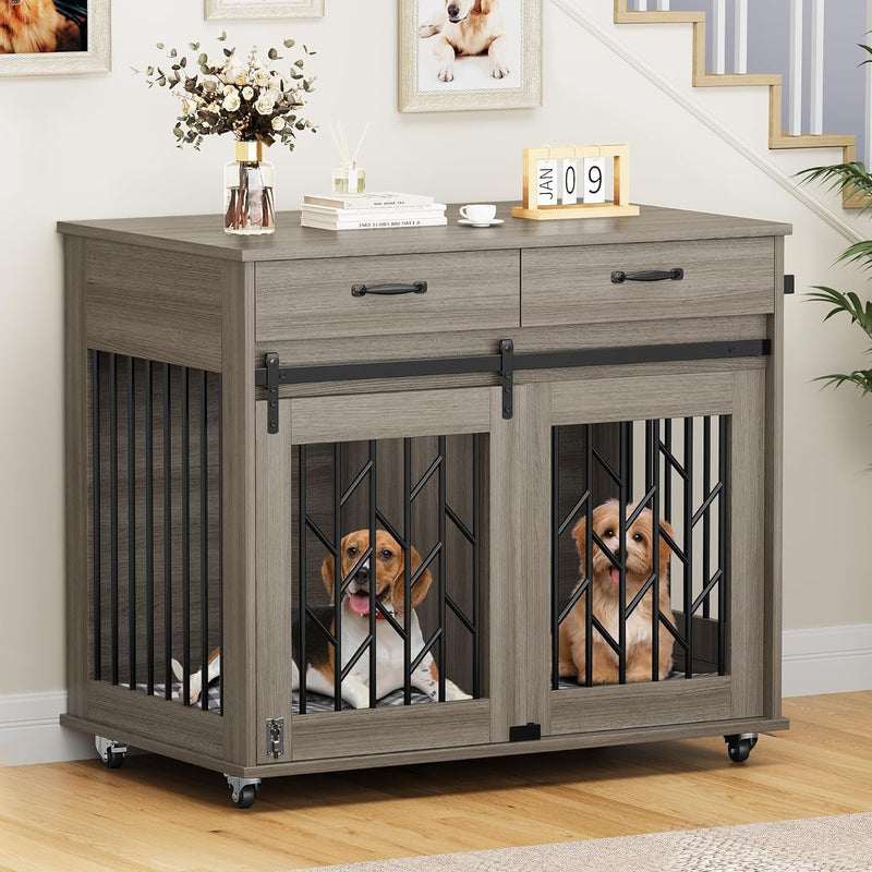 YITAHOME Double Dog Crate Furniture with Divider Drawers  Kennel Table Grey - Fits 2 SmallMedium Dogs