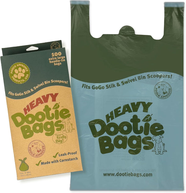 HEAVY Dootie Bags with EZ Tie Handles. Clean and Convenient for Pet Dog Poop, Cat Litter. Multi-Use. Great for Swivel Bin and Gogo Stik Scoopers. Made with Cornstarch. Strong, Leakproof and Very Large