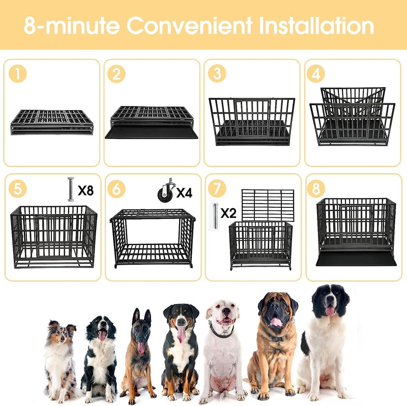 Heavy Duty Dog Kennel Crate Cage with Double Doors Lockable Wheels - XL Pet Playpen 48 Inch