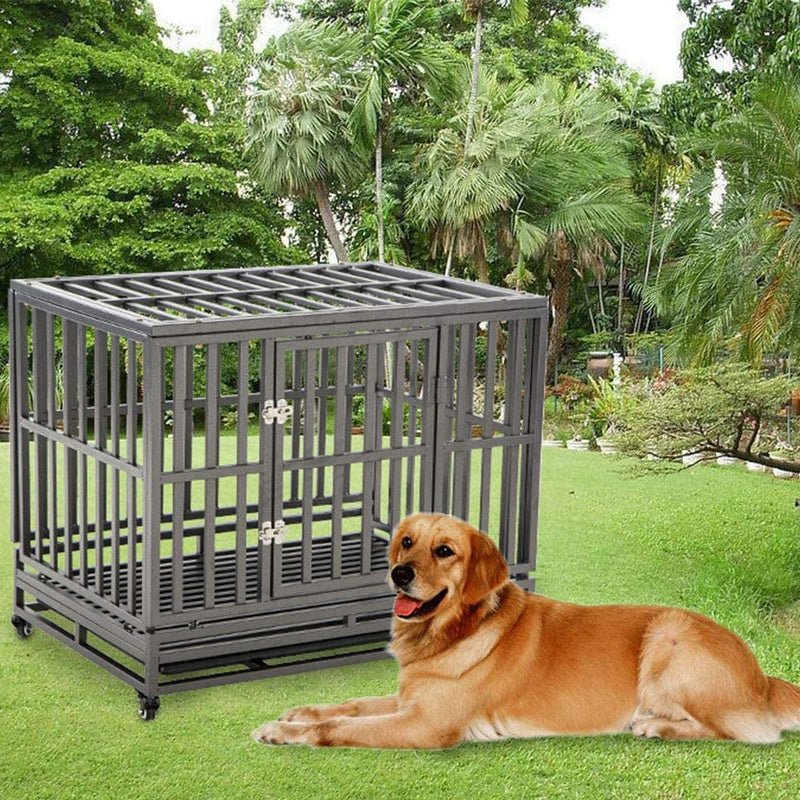 38-Inch Heavy Duty Dog Cage with Wheels - Easy to Assemble Kennel for Large Dogs Black