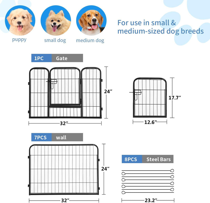 FDW 8-Panel Dog Playpen - Portable Metal Puppy Exercise Pen 24 IndoorOutdoor Folding Kennel Heavy Duty Fence for Yard and Camping Black