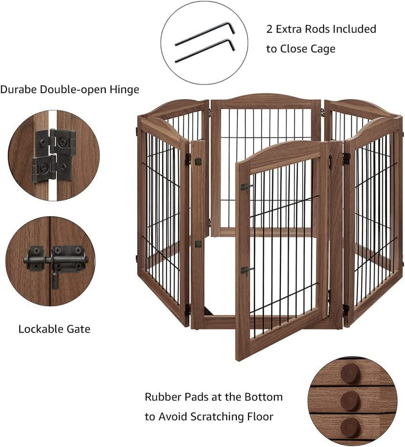 Extra Wide Dog Gate and Playpen with Door - Tall Fence for Dogs Cats and Babies - Walnut