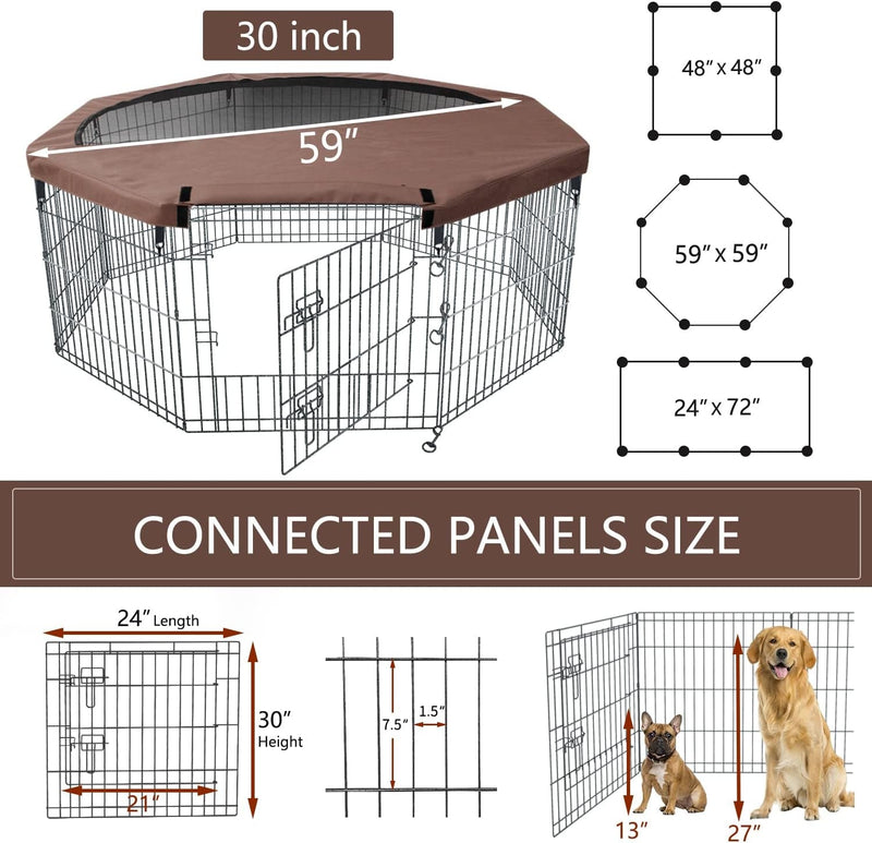 Foldable Dog Exercise Playpen with Top Cover - Silver Metal 8 Panels OutdoorIndoor - 30 Height