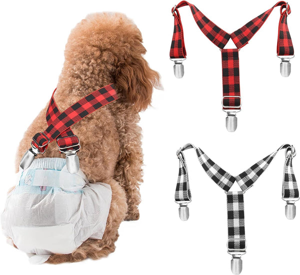 YAODHAOD Pet Soft Dog Suspenders, 2 Pieces Dog Diaper Suspenders for Female Dogs Diaper Keeper Suspender for Dog Skirt, Dog Dress for Small Medium and Large Dogs (Black+Red Plaid, Medium)