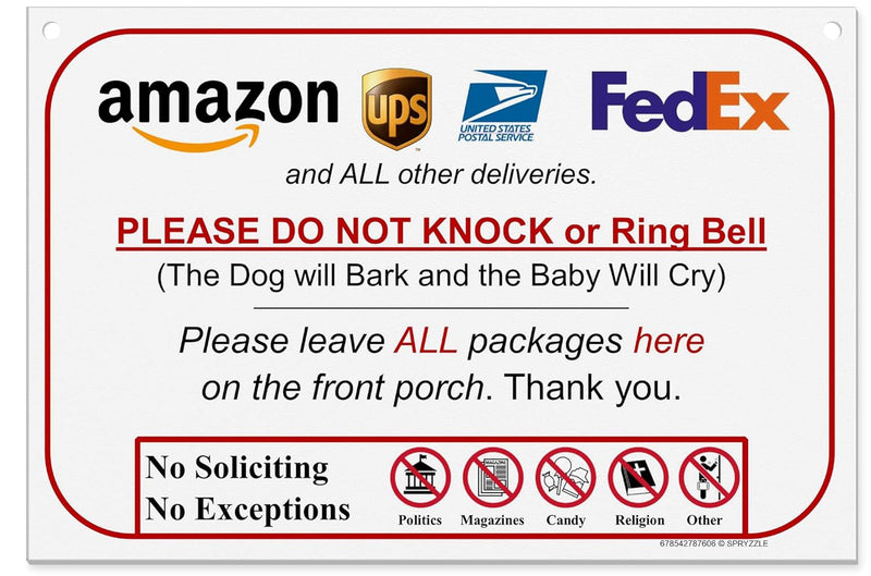 Leave Package Sign - No Knock or Doorbell Dog-Friendly 6x9 Sign Easy Mount Rust-Free PVC