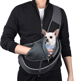 WOYYHO Pet Dog Sling Carrier Adjustable Strap, Zipper Opening Can Soothe Pets, Free Hands Puppy Sling Bag with Safety Leash, Small Dog Crossbody Bag for Outdoor Travel (S (up to 4.5 lbs), Black)