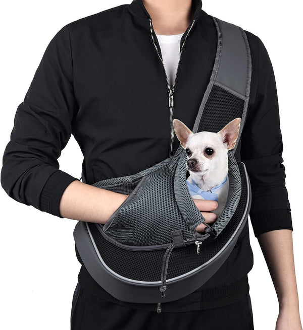 WOYYHO Pet Dog Sling Carrier Adjustable Strap, Zipper Opening Can Soothe Pets, Free Hands Puppy Sling Bag with Safety Leash, Small Dog Crossbody Bag for Outdoor Travel (S (up to 4.5 lbs), Black)