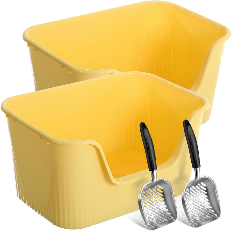 Hushee 2 Sets Large Cat Litter Boxes High Sides with Metal Waste Scoop 25 x 18 x 13'' Extra Large Litter Box Litter Pans for Cats/Dogs up to 36 Lbs Open Top Low Entry Anti Splash Free Assembly