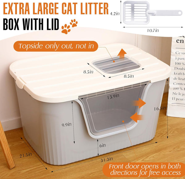 Hushee Enclosed Cat Litter Boxes 31.3 x 21.5 x 16.5'' Extra Large Covered Litter Box with Scoop Front Entry Two Exits Dual Applied XLarge Litter Box for Cats Dog up to 60 Lbs, Anti Leakage, Easy Clean