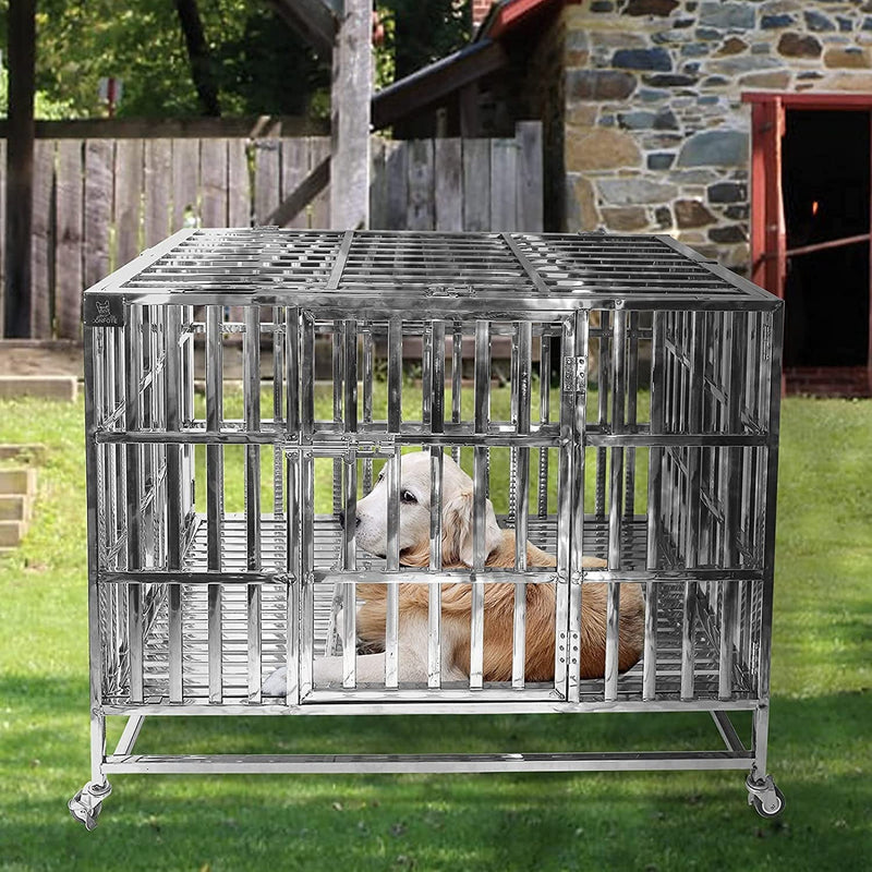 Heavy Duty Stainless Steel Dog Cage - 42 Crate  Playpen w Double Doors  Locks Lockable Wheels Removable Tray No Screws