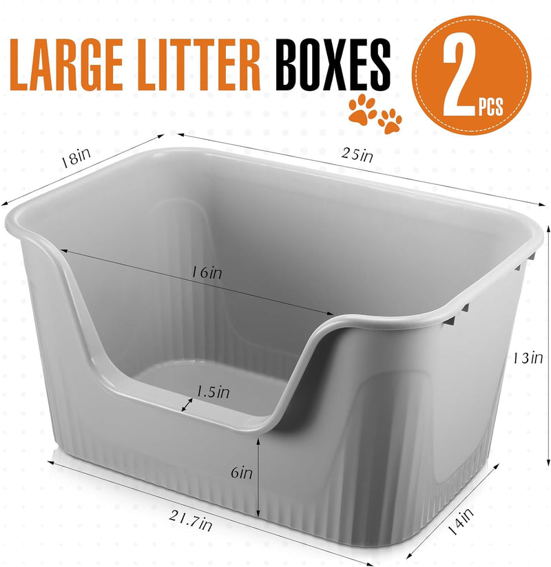 Hushee 2 Sets Large Cat Litter Boxes High Sides with Metal Waste Scoop 25 x 18 x 13'' Extra Large Litter Box Litter Pans for Cats/Dogs up to 36 Lbs Open Top Low Entry Anti Splash Free Assembly