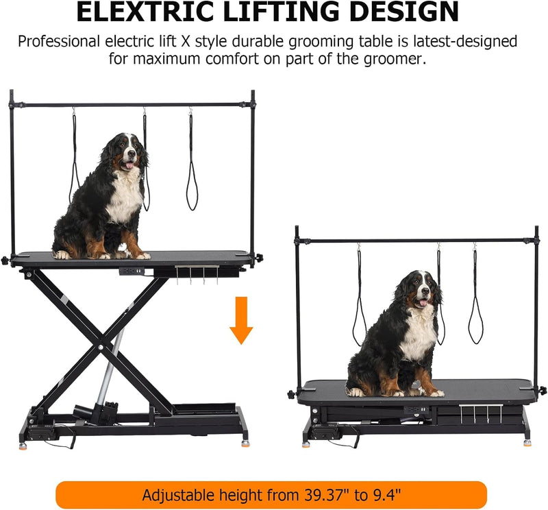 Heavy Duty Lift Dog Grooming Table, Professional Electric Grooming Arm Table for Pets & Large Dogs Adjustable Height: 9.4"-39.4" Non-Slip Desktop with Gantry Crane Set, Fixture *4 Noose*2