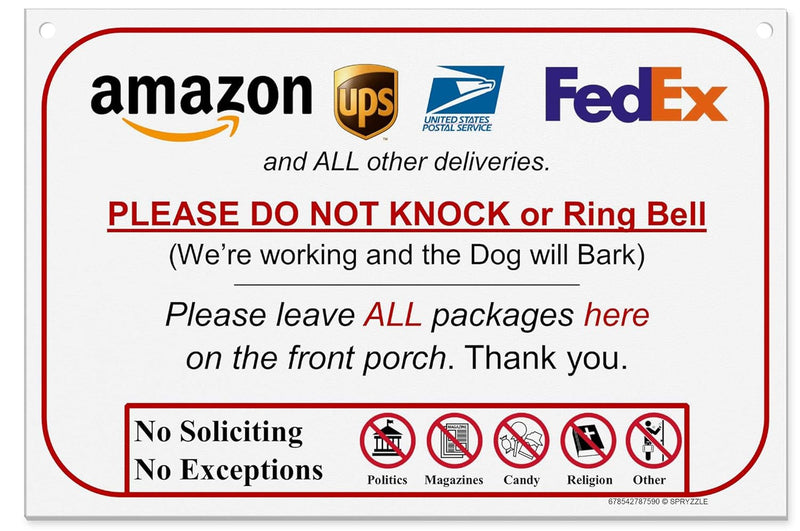 Leave Package Sign - No Knock or Doorbell Dog-Friendly 6x9 Sign Easy Mount Rust-Free PVC