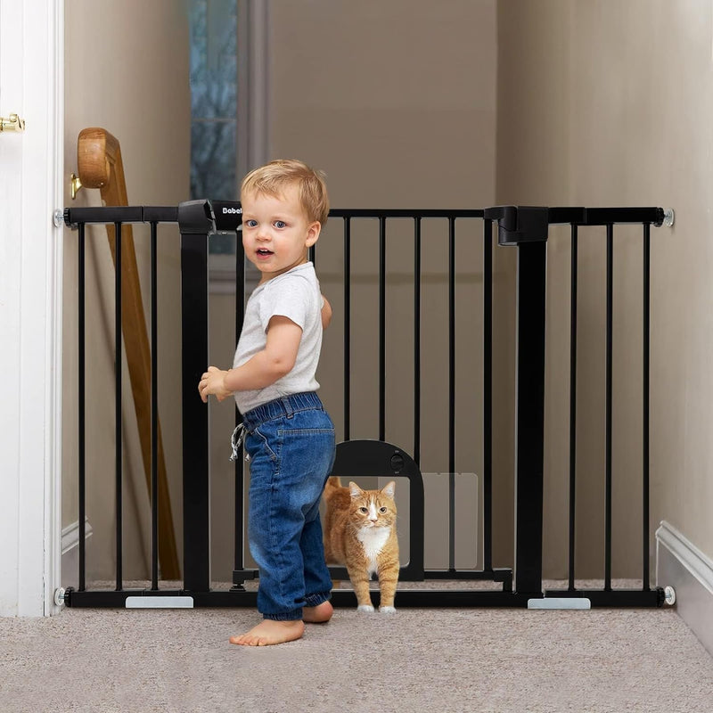 Adjustable Baby Gate with Cat Door and Auto Close - Durable and Safe for Stairs and Doorways