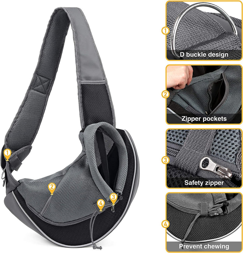 WOYYHO Pet Dog Sling Carrier Adjustable Strap, Zipper Opening Can Soothe Pets, Free Hands Puppy Sling Bag with Safety Leash, Small Dog Crossbody Bag for Outdoor Travel (S (up to 4.5 lbs), Black)