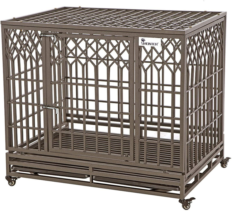 SMONTER 42 Heavy Duty Dog Crate with Lock and Wheels - Dark Silver