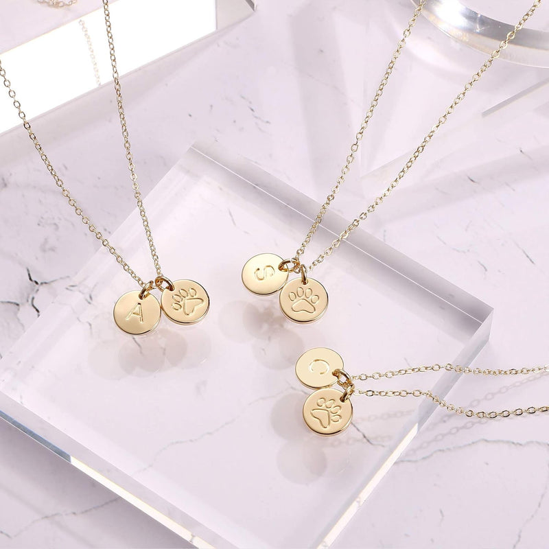 Gold Dog Mom Initial Necklace - 14K Gold Filled Disc with Paw Print - Pet Lover Gift for Women and Girls