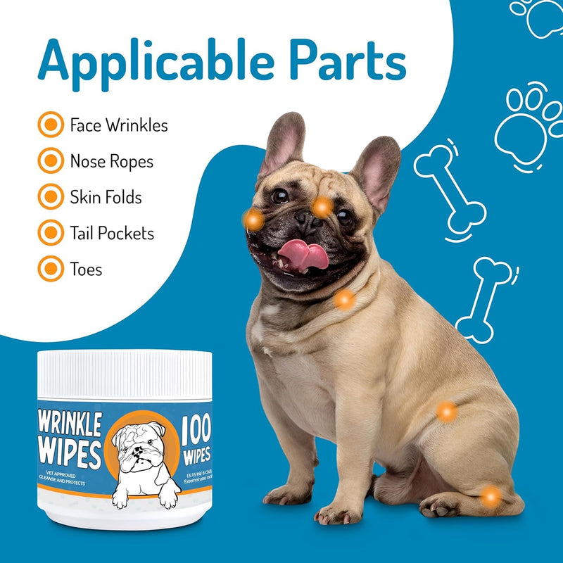 Wrinkle Wipes for Dogs - 100 Count Dog Wrinkle Wipes French Bulldog, English Bulldog, Pugs - 3.15 in Large Bulldog Face Wipes - Cleaning & Soothes on Wrinkles, Folds, Tail Pockets