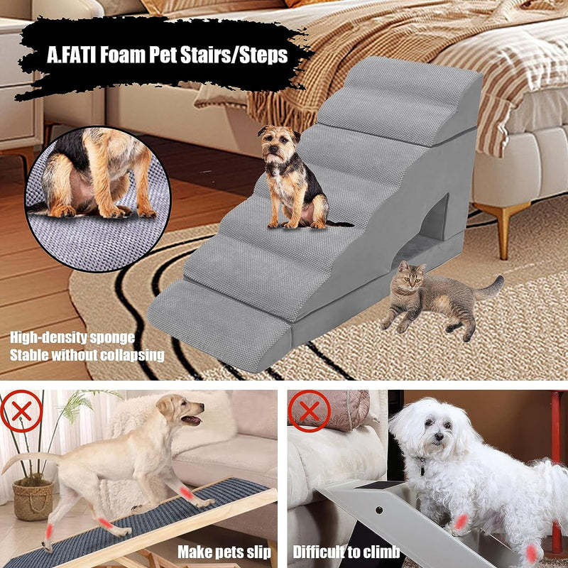 High Bed Dog Stairs for Small and Injured Pets - 34in Wide 7-Tier Non-Slip Steps