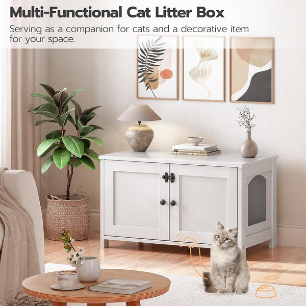 HOOBRO Litter Box Enclosure, Cat Litter Box Furniture with Removable Divider, Large Hidden Litter Box Furniture, Wooden Cat House, End Side Table, 31" L x 17.5" W x 18" H, White WT03MW01G1