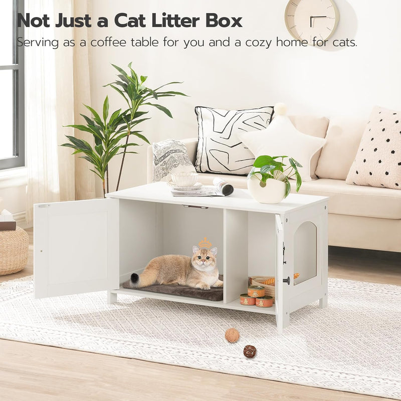 HOOBRO Litter Box Enclosure, Cat Litter Box Furniture with Removable Divider, Large Hidden Litter Box Furniture, Wooden Cat House, End Side Table, 31" L x 17.5" W x 18" H, White WT03MW01G1