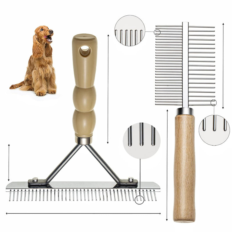 Grooming Brush Set Long Tooth Undercoat Dog Rake+Flea Comb,Deshedding Tool Beauty Steel Comb for Golden Retriever Husky German Shepherd Longhair Cat