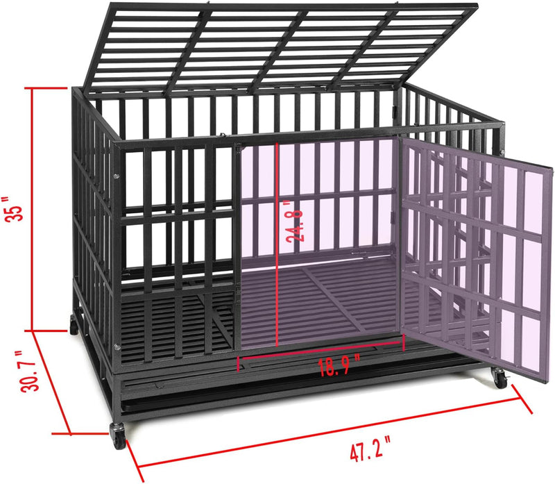 Heavy Duty Dog Kennel Crate Cage with Double Doors Lockable Wheels - XL Pet Playpen 48 Inch