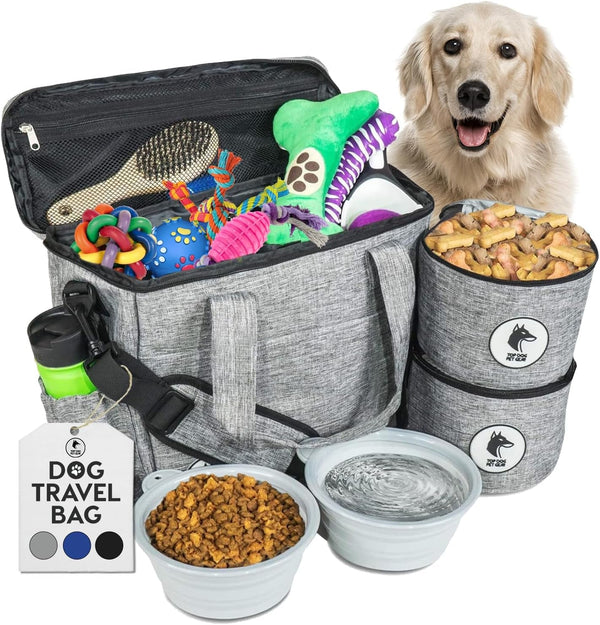 Grey Dog Travel Bag with Supplies - Bowls Food Storage - Airline Approved for Camping and Beach