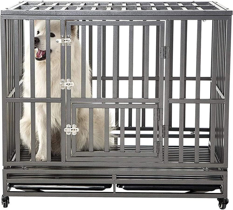 SMONTER 42 Heavy Duty Dog Crate with Lock and Wheels - Dark Silver