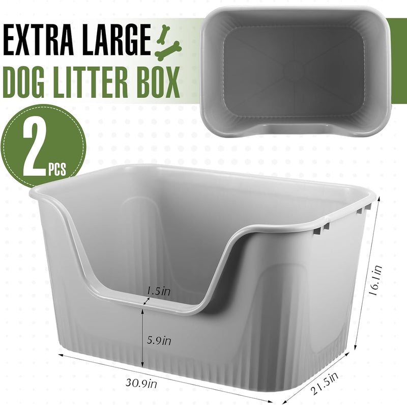 Hushee 2 Pcs Dog Litter Boxes High Sides 30.9 x 21.5 x 16.1'' Extra Large Litter Box Doggy Bathroom Open Top Low Entry Indoor Toilet for Large Dogs Cats 44lbs, Grey