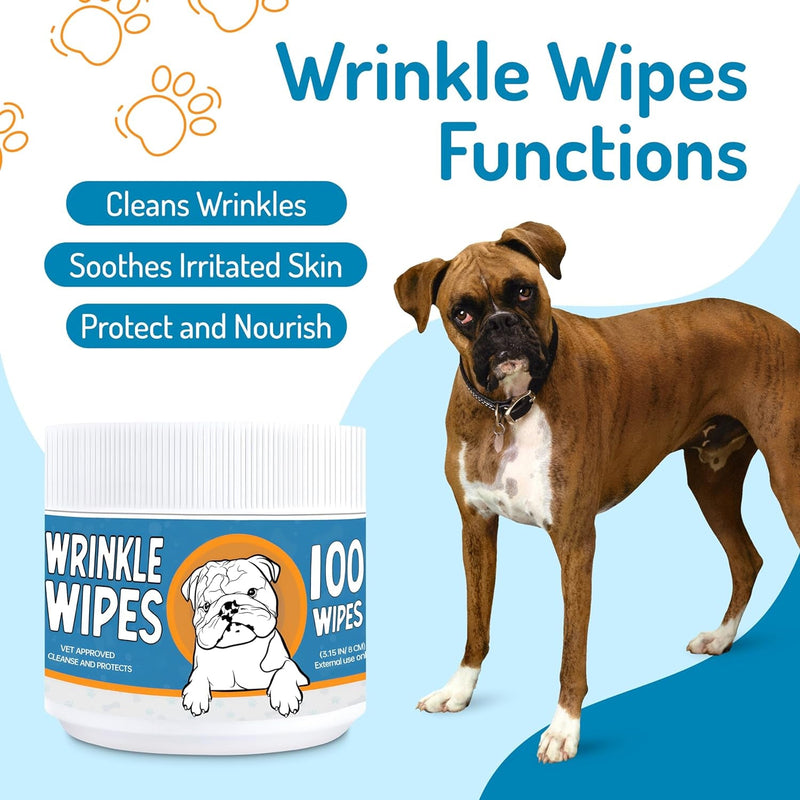 Wrinkle Wipes for Dogs - 100 Count Dog Wrinkle Wipes French Bulldog, English Bulldog, Pugs - 3.15 in Large Bulldog Face Wipes - Cleaning & Soothes on Wrinkles, Folds, Tail Pockets