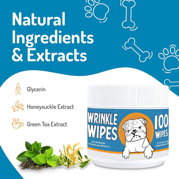 Wrinkle Wipes for Dogs - 100 Count Dog Wrinkle Wipes French Bulldog, English Bulldog, Pugs - 3.15 in Large Bulldog Face Wipes - Cleaning & Soothes on Wrinkles, Folds, Tail Pockets
